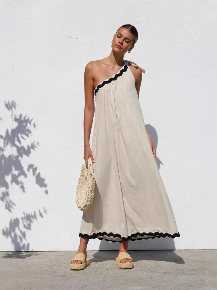 

Casual Solid Color With Sloping Shoulders Lace Up Dress Women's Summer New Temperament Vacation Style Loose Long Dress Vestidos