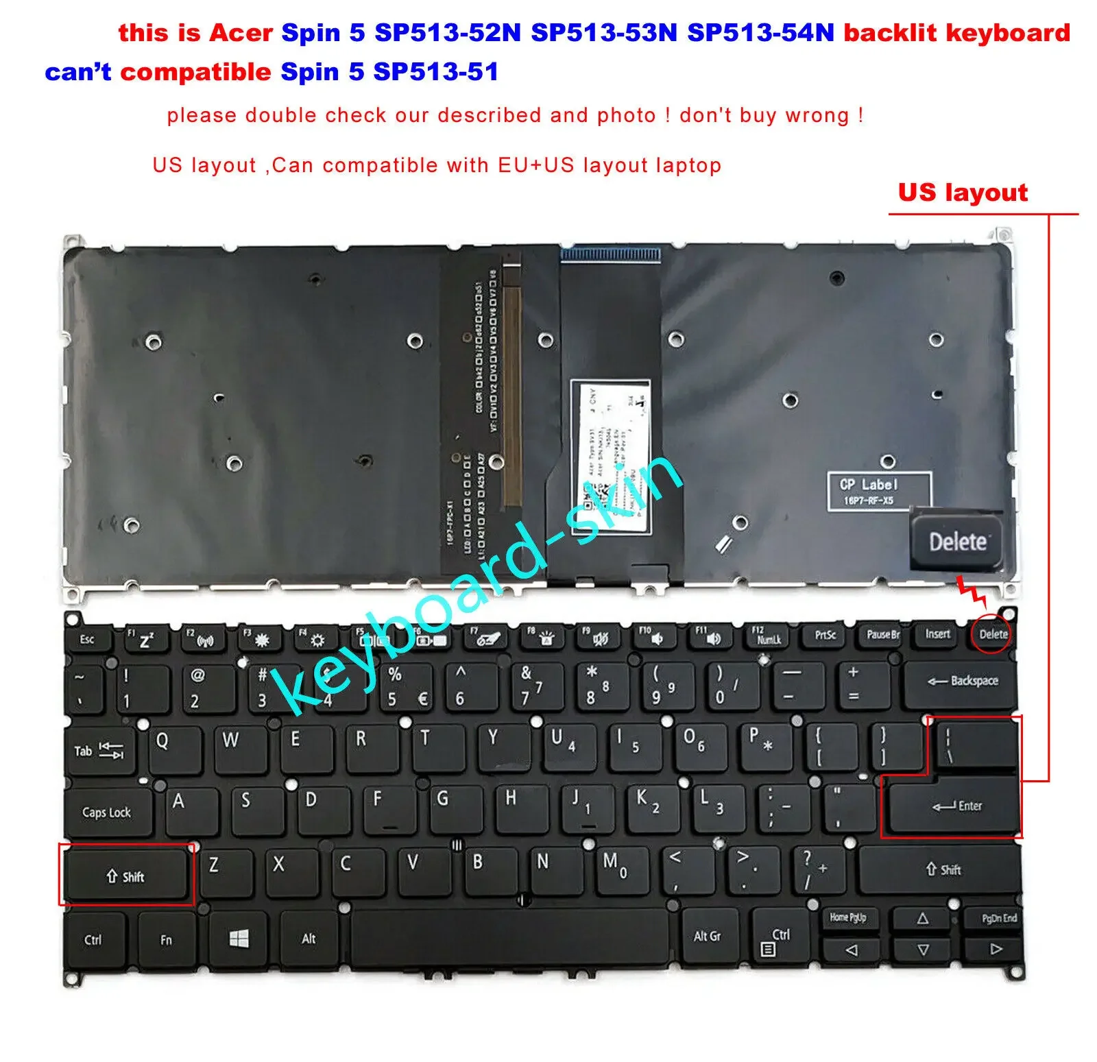 New US Keyboard with-backlit no-frame for Acer Spin 5 SP513-53 SP513-52N SP513-52NP SP513-53N SP513-54N N19W3 series laptop