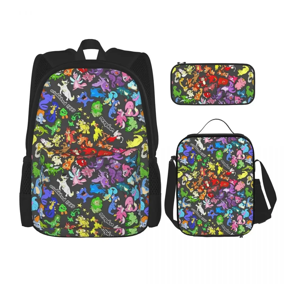 

NEOSPLASH! All The Neopets, All Over Print! Backpacks Boys Girls Bookbag School Bags Rucksack Lunch Bag Pen Bag Three-Piece Set