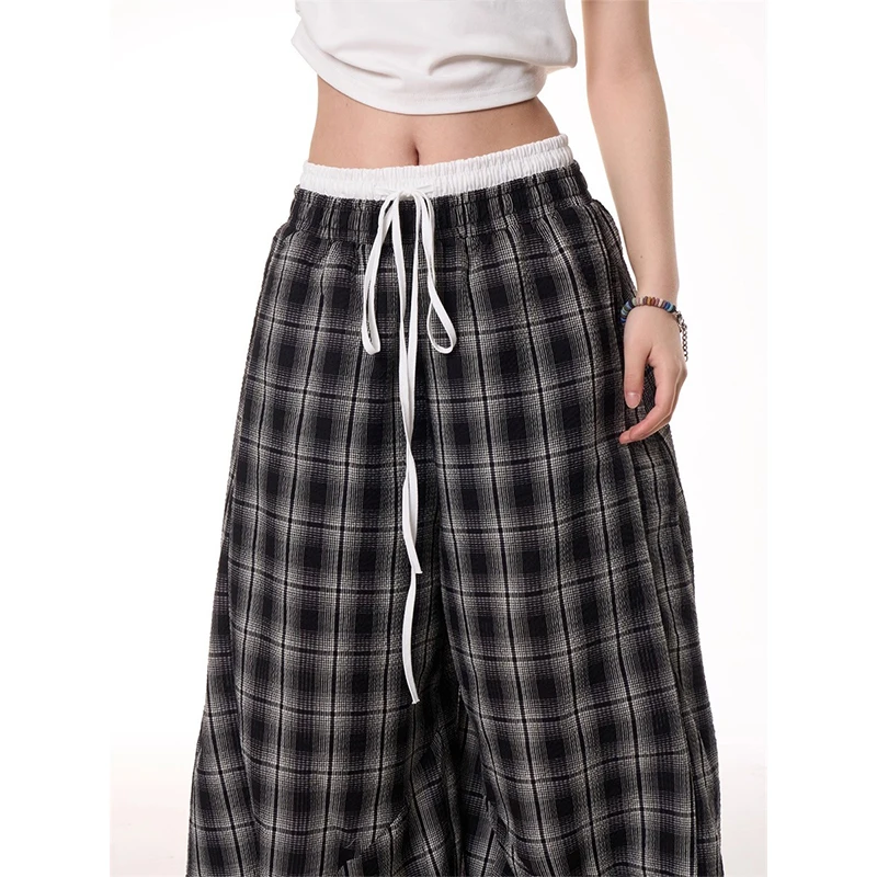 Black Plaid Patchwork Wide Leg Pants Women's Autumn American Vintage Y2K 2000S Style High Waisted Hip Hop Breathable Sweatpants
