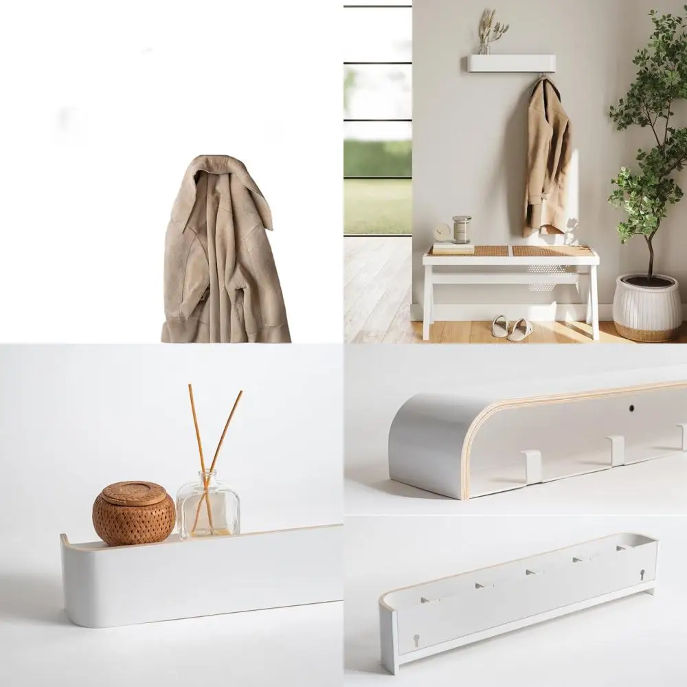 

Modern Solid Wood Veneer Wall Coat Rack with Concealed Hooks - White