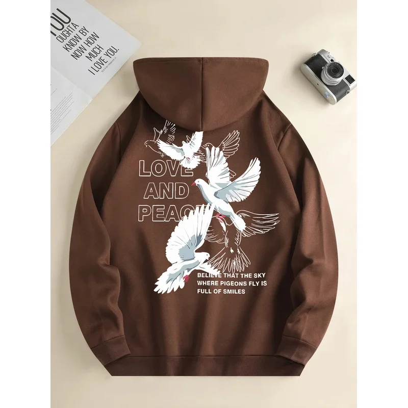 Men's new fashion hoodie, casual daily drawstring hooded sports shirt pigeon print, front kangaroo pocket, men's jacket