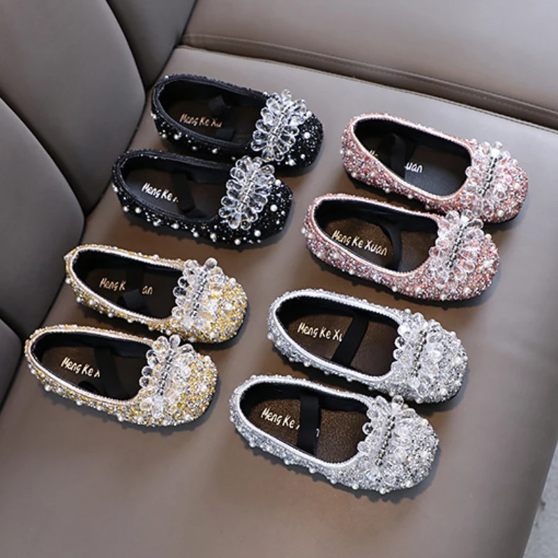 

Spring Leather Shoes Crystal Elegant Temperament Girl Shoe Anti Slip High-quality Kid Shoes Soft Sole Sweet Simple Princess Shoe