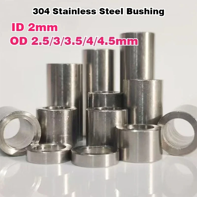 5/10Pcs 304 Stainless Steel Bushing ID 2mm Hollow Bushing Extended Cylindrical Steel Toothless Screw Sleeve OD 2.5/3/3.5/4/4.5mm