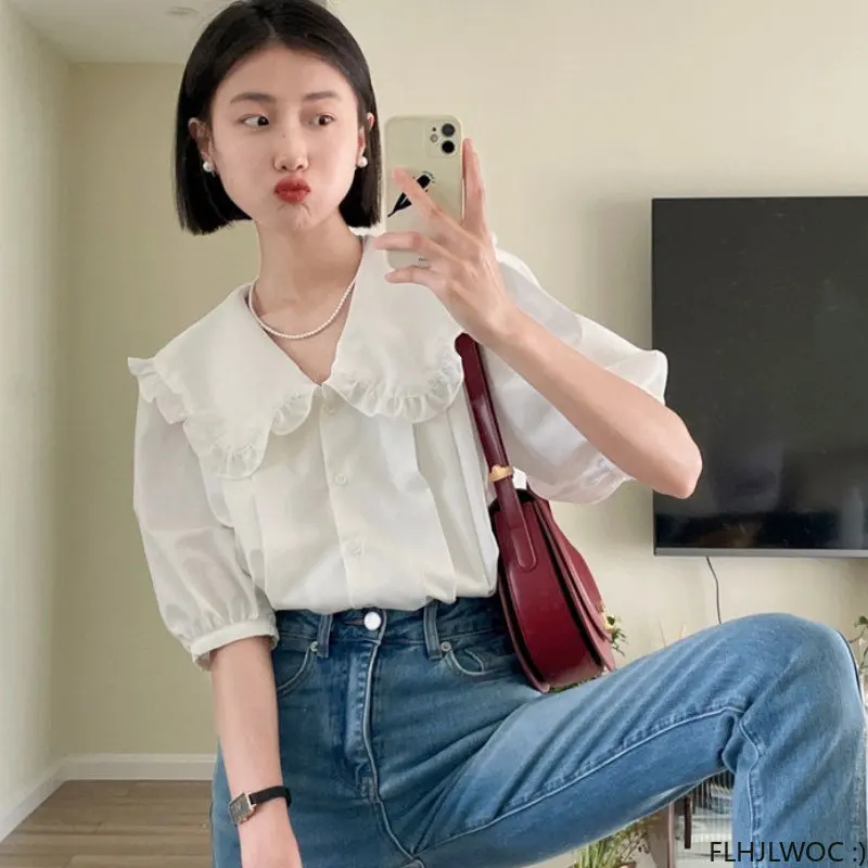 Ruffles Peter Pan Collar Cute Sweet Tops Blouses 2023 Women Korean Japan Preppy Style Girls Solid Button White Shirt blusas