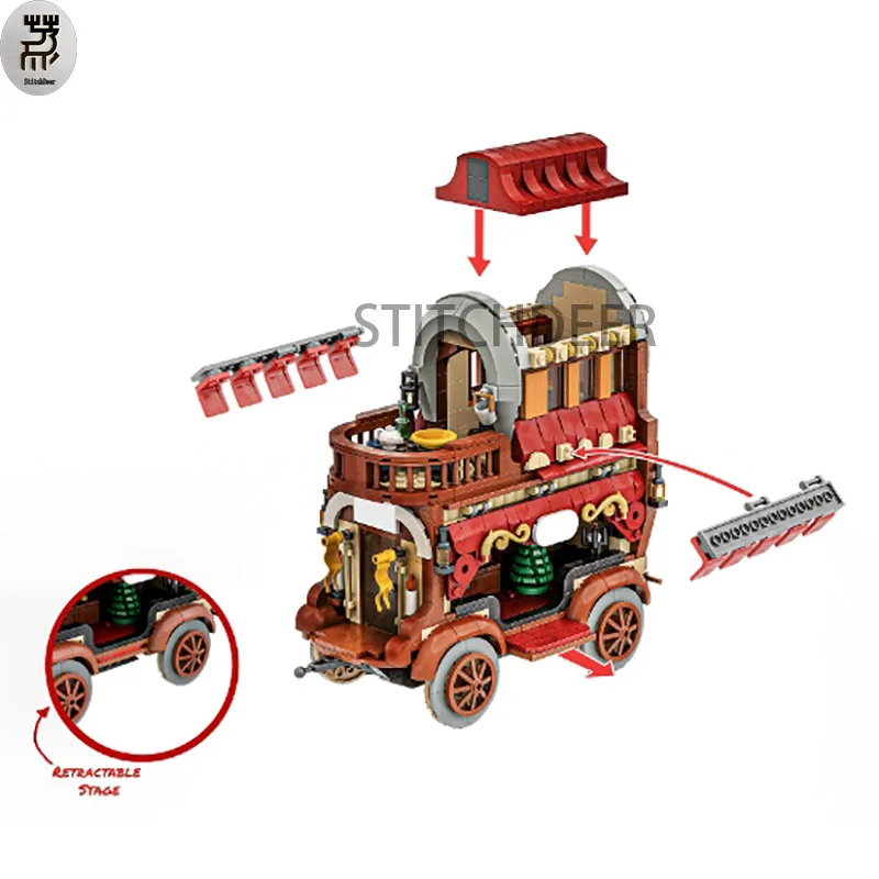 1079 pz MOC Caravan Theatre Mobile House assemblare modello carrozza Stage Building Blocks Puzzle giocattolo fai da te mattoni regali di festa