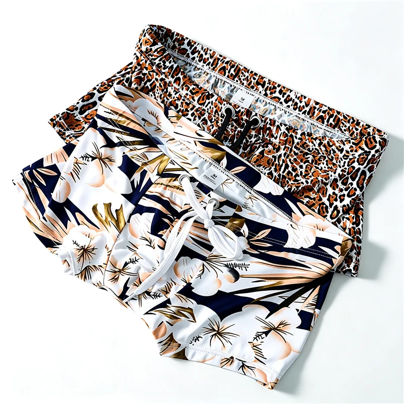 Men's Ice Silk Printed Swim Trunks with Drawstring Adjustable Boxer Beach Swimming Shorts
