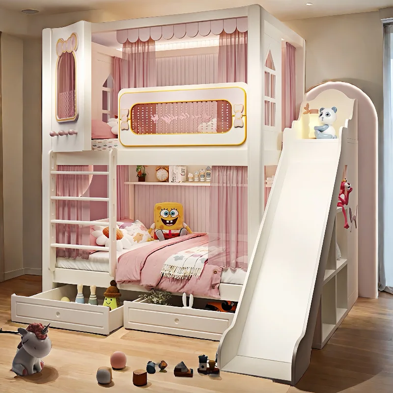 Children's  up and down double bed second floor bunk bed high and low two layers guardrail sister girl princess