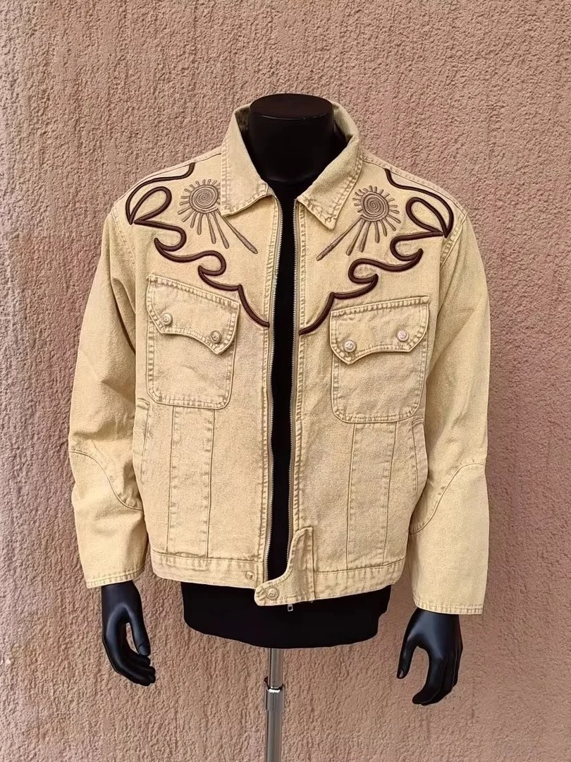 

Мужская зимняя куртка в стиле вестерн с вышивкой, новая модная универсальная модель с отложным воротником, стильная куртка на молнии