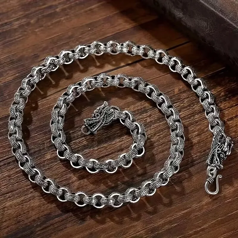 Vintage Thai Silver Dragon Head Cuban Necklace Retro Swirl Pattern Design Interlocking Chain Domineering Fashion Jewelry for Men