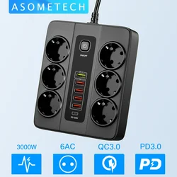 3000W EU Power Strip PD QC3.0 USB Fast Charger Smart Home Socket Overload Protection 6 USB Port Multiple USB C Extension Socket