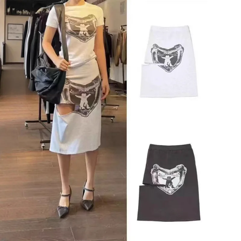

OPEN YY bustier 2025 fashion Korean summer love print ribbon knot Slim midi skirt half-body skirt