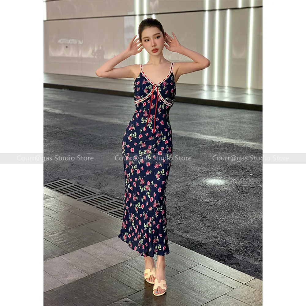 

Suspender dress 24 new summer French sexy V-neck lace edge floral print slim holiday style long dress