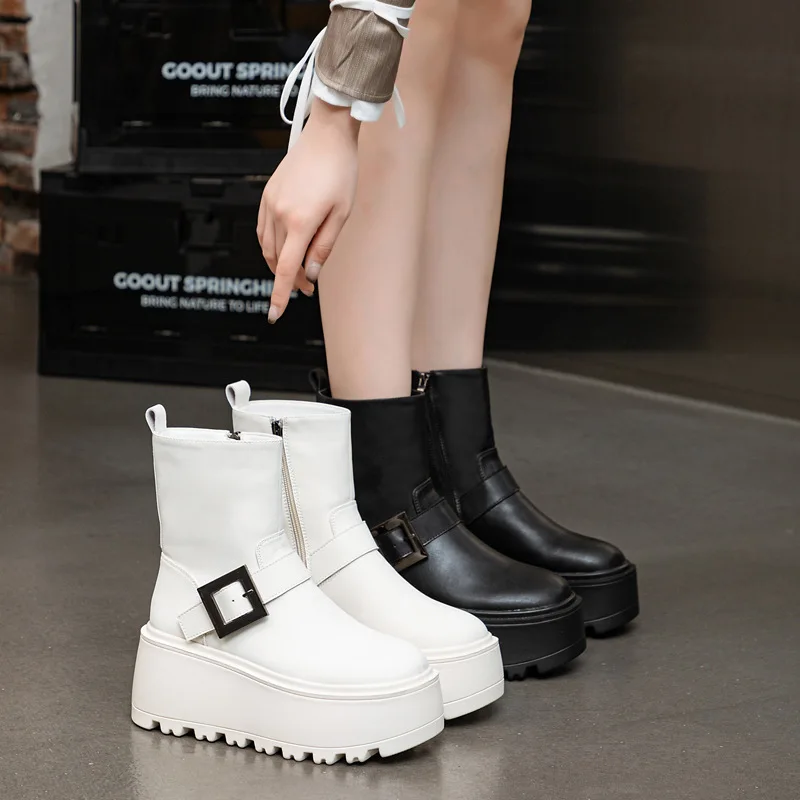 8cm Kuhwildleder Echtleder-Stiefel Herbst Motorrad Frühling Damen Mode Knöchelstiefel Frauen Mokassins Chimney-Schuhe