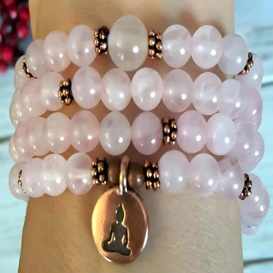 

8mm Pink Crystal Gemstone 108 Beads Mala Bracelet Yoga Chakra Bodhi Gemstone Zen Stone Buddha Bead Men's Bohemian Buddhist zazen