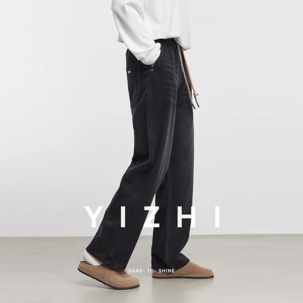 2025 Spring and Autumn New Men's Tight Waist Black Jeans Fashion Retro Drawstring High Street Casual Mopping Pants Men's Jeans