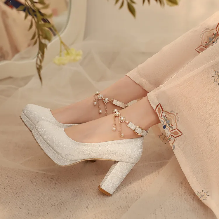 

Beige High Heels Women Shoes Orange Sandals Ladies Brief Pumps 12cm 3cm White Crystal Dress African Sweet Med Brief Pumps Beige