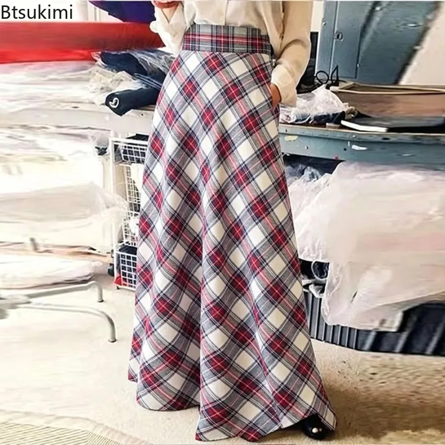 New Women Plaid A Line Maxi Skirt High Waist Vintage Check Long Dress Casual Autumn Flared Floor Length Skirt with Side Pockets