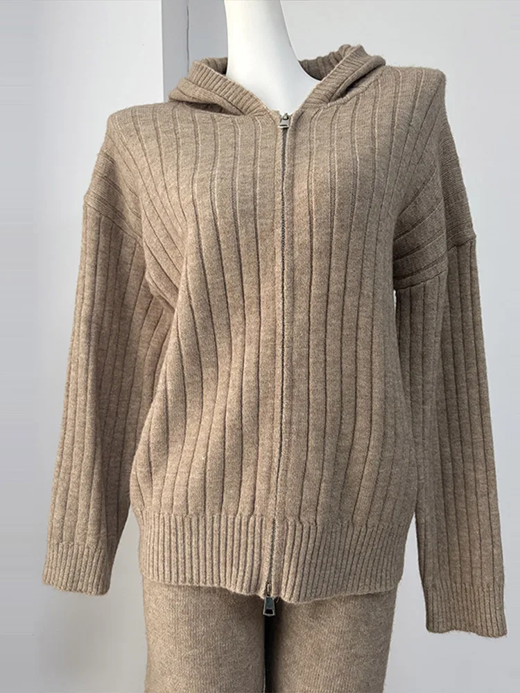 Damen Strickhosen 2-teiliges Set Kapuzenjacke mit Reißverschluss Langarm Cardigan Weite Hose Streetwear Einfarbiges Loses Outfit Partykleidung – Detail 3