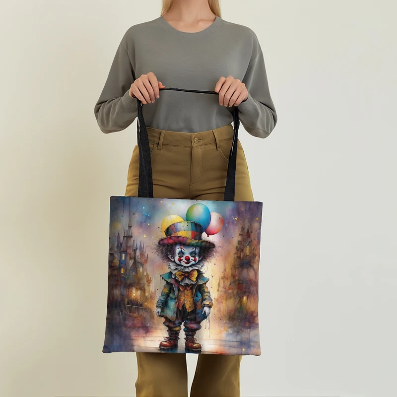 Gothic Clown Print Totes Watercolor Clown Girl and Boy Women Large Capacity Handbag Shoulder Bag for Travel Shopping Bags