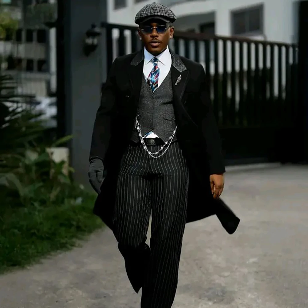 Luxury Men Black 3 Piece Suit WooleLong Jacket Gray Waistcoat Pinstripe Pants Vintage Formal Business Wedding Gentlemen Outfit