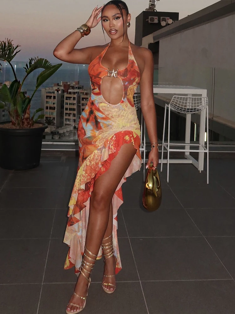 فستان نسائي مثير غير منتظم من Kliou فستان صيفي لحفلات العطلات رداء طويل جذاب مطبوع عليه رسن رقبة منخفضة كشكش Mujer Bodycon