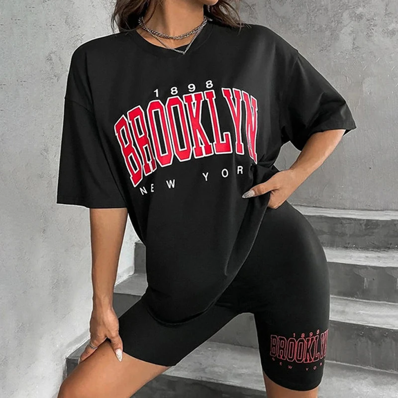 Summer Women Set 2pcs Casual Suit Harajuku Tshirt+Shorts Brooklyn Letter Print Short Sleeve Tee Tops Sports Suit Outfits