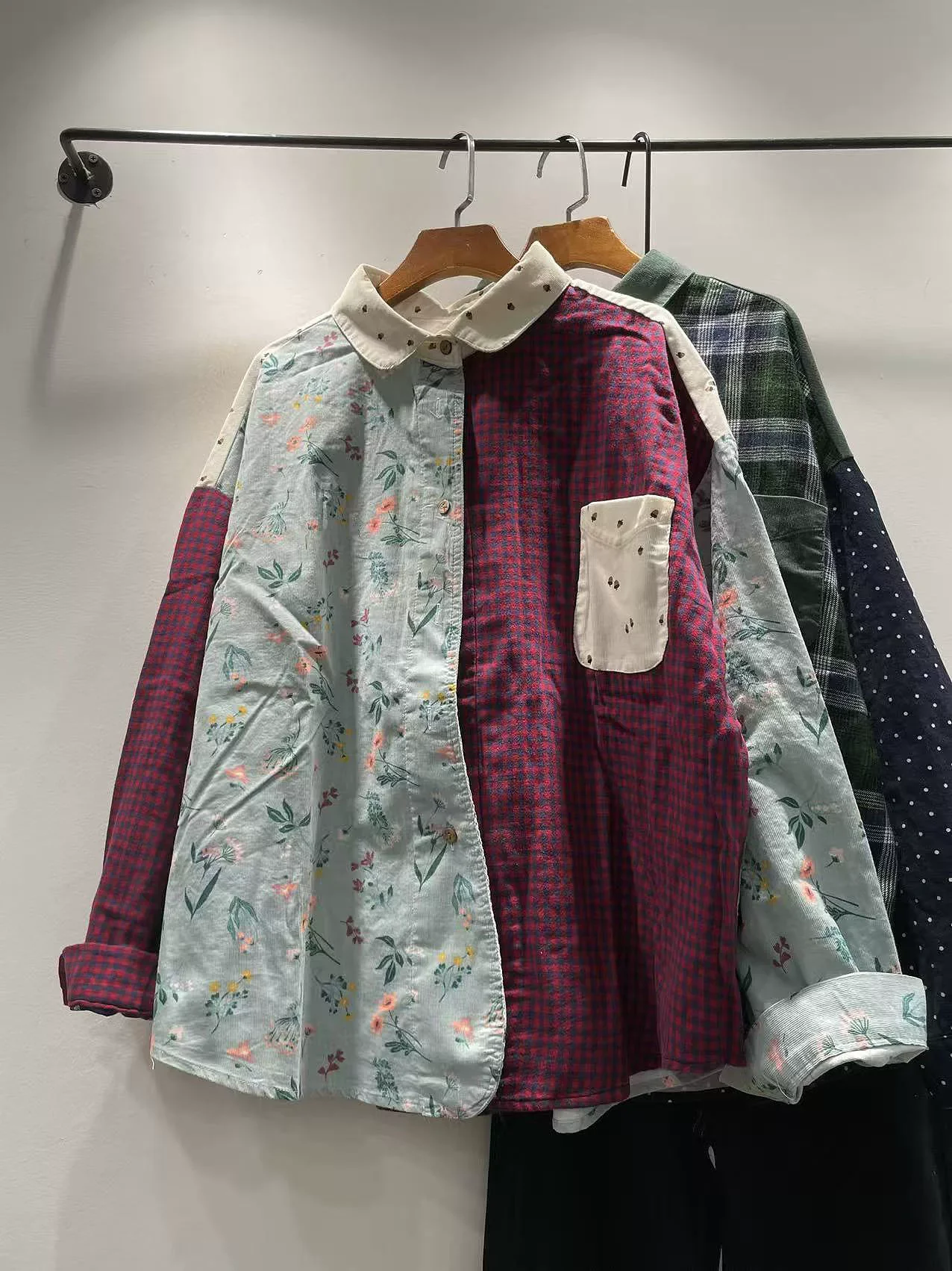 

2026 Original brand print plaid patchwork corduroy shirts and blouses for women spring vintage corduroy long sleeve tops