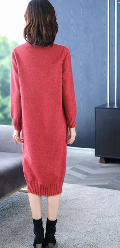 Cashmere Turtleneck 2024 Autumn and Winter Bottom Dress Loose Pullover Embroidery Ethnic Style Long Sleeved Sweater Dress LU498