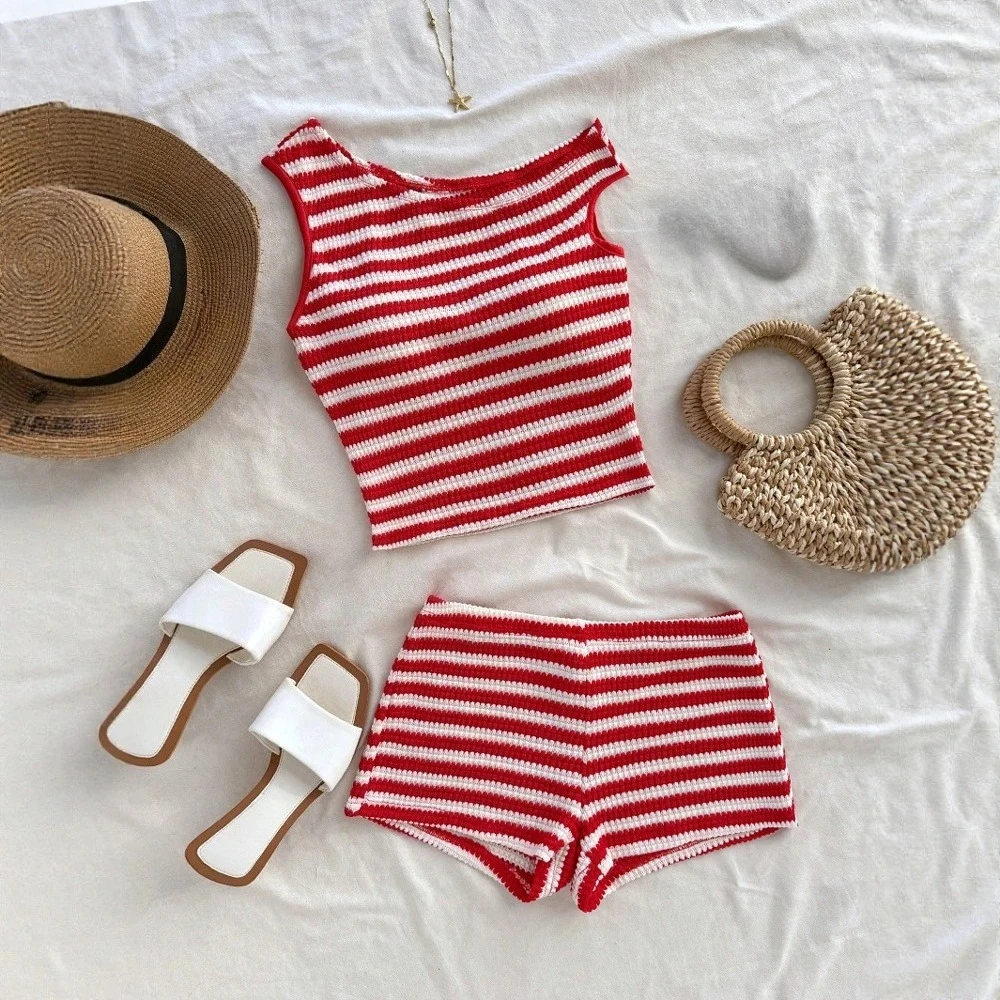 

Red Cute Shorts Sets Spring Summer Simple Basics Stripes Sleeveless Round-Neck Cropped Natural Waist Short Casual Sets For Women