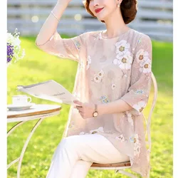 Temperament Summer Women's Mid Sleeved Round Neck Mesh Embroidery Fashion Versatile Loose Mid Length Korean Version Chiffon Tops