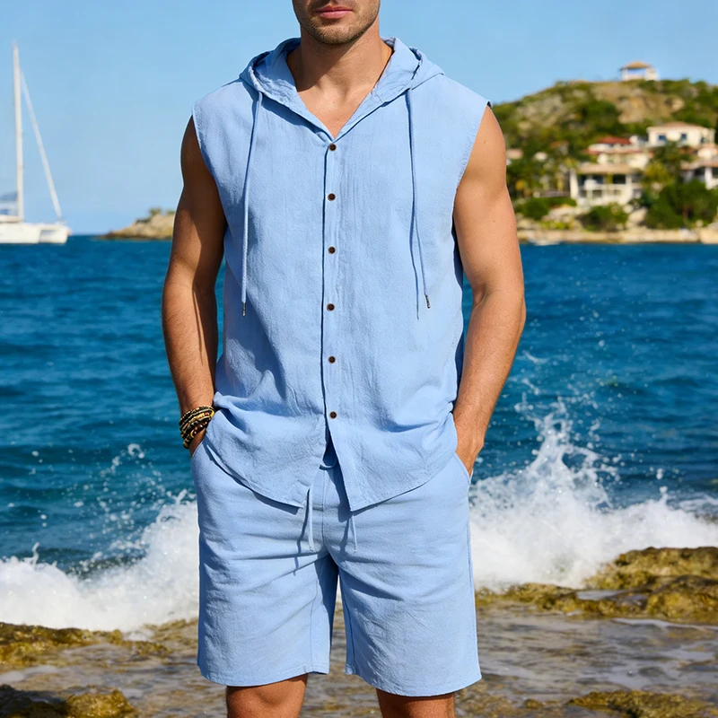 

Men's two-piece linen hooded set sleeveless cardigan hoodie & knee-length shorts suitable for casual summer beachwear