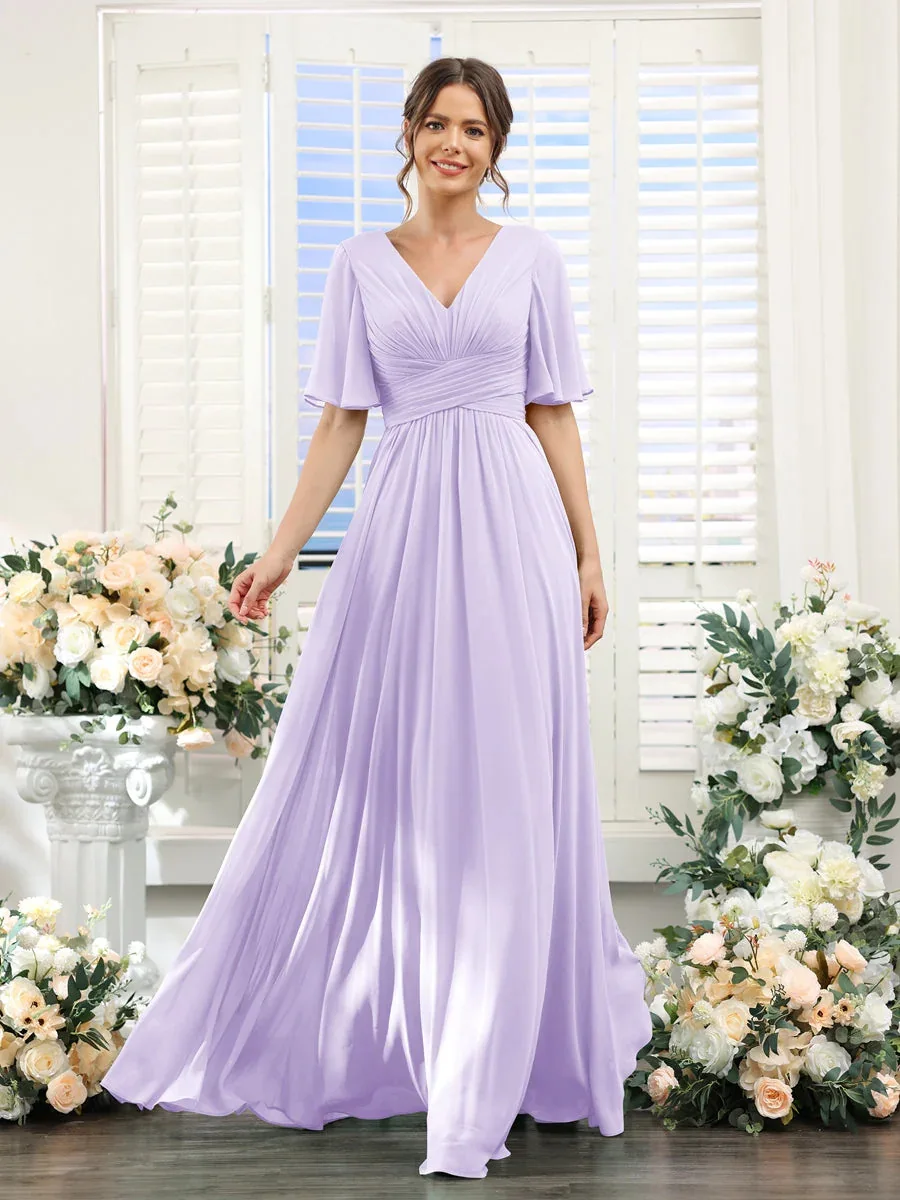 A Line Chiffon Bridesmaid Dresses Short Sleeve V Neck Slit Pleat Elegant Wedding Party Formal Prom Evening Zipper Back