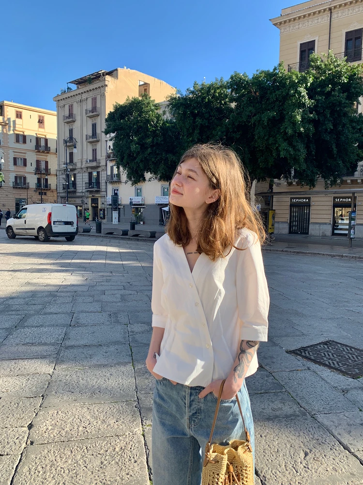 

Женская блузка Kernel Cosmos Salted Cognac с V-образным вырезом, на пуговицах, с завышенной талией, из дышащего хлопка, свободного кроя, во французском стиле