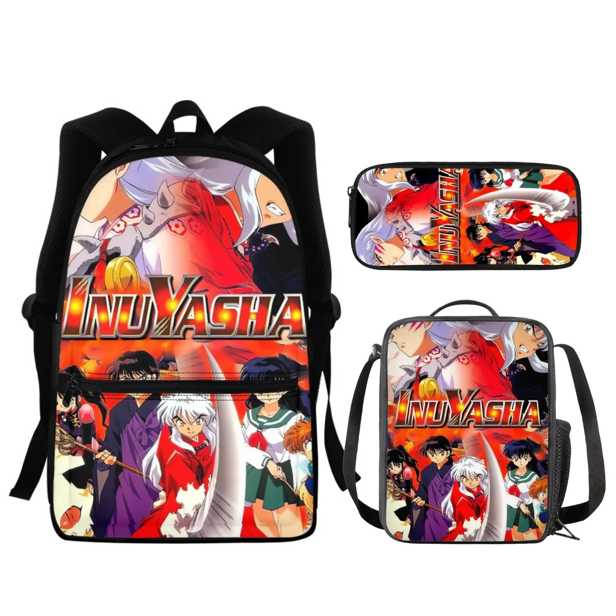 FORUDESIGNS Anime Inuyasha Backpacks 3Pcs/Set Students Lunch Bag Middle School Pencil Organizer Pouch Schoolbags Compact