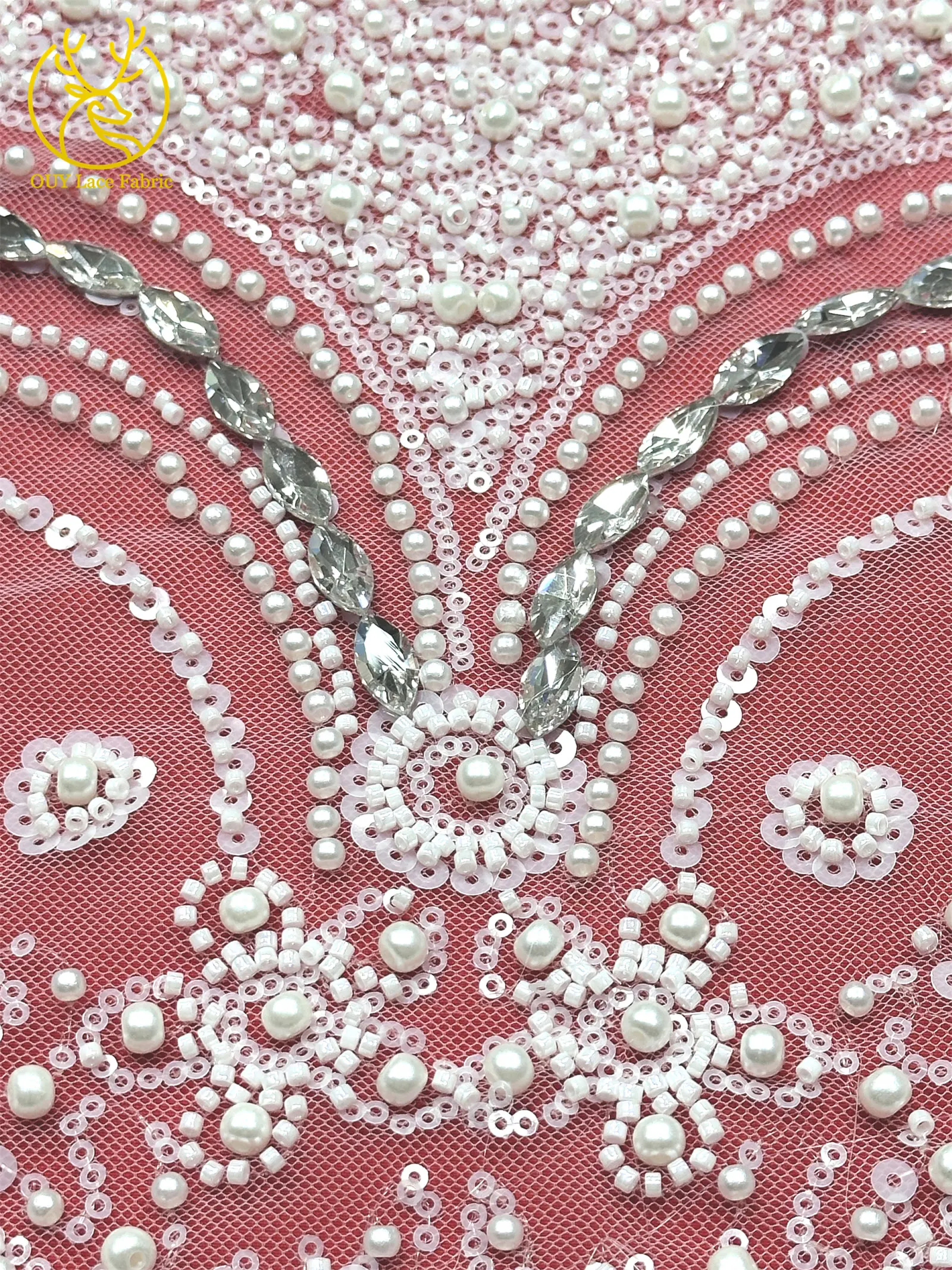 Luxuriöser königlicher lila afrikanischer handgefertigter Perlen-Spitzenstoff, französischer Pailletten-Stein-Tüll-Spitzenstoff für Hochzeitskleid-Design – Detail 13