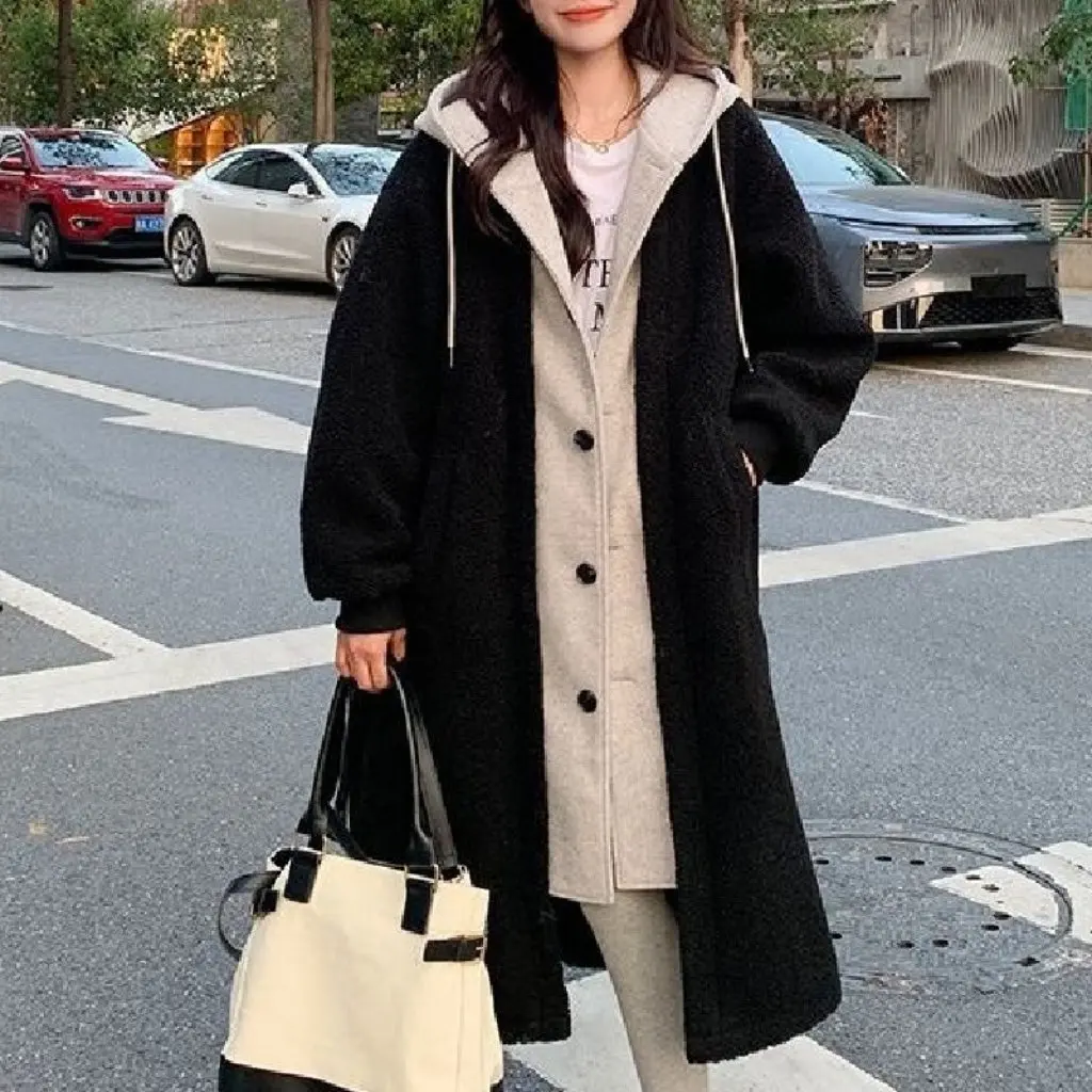 

Chic K-Style Long Hooded Skirt Outwear for Autumn Winter Cashmere Versatile Loose Fashion Outer Jacket Women's Fashion
