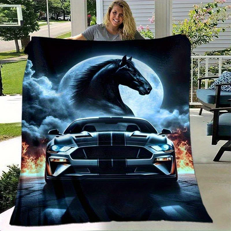 

Винтажное одеяло Night Horse & Sports Car — всесезонное одеяло из мягкой фланели для дома, офиса, кровати и подарка