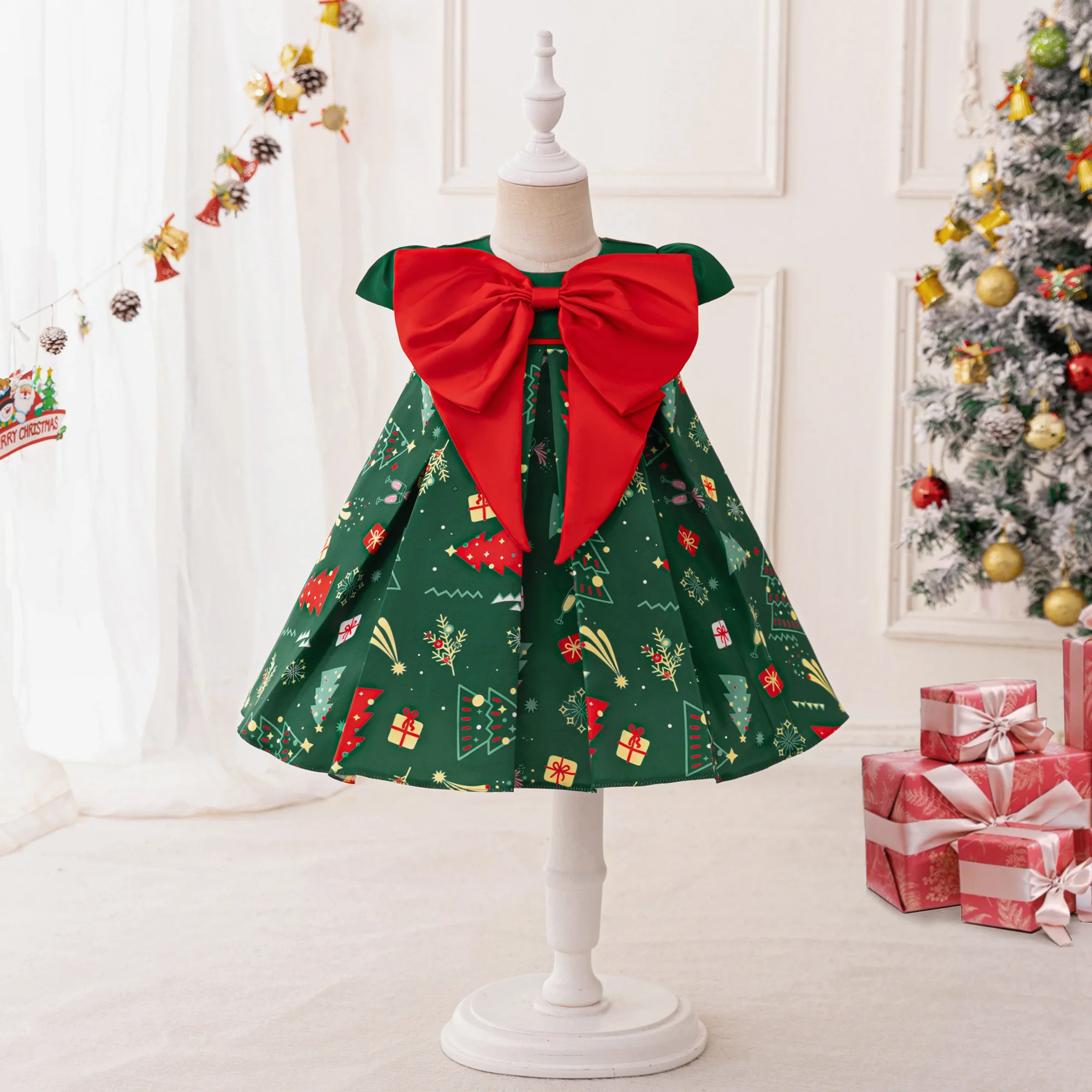 

Big Bow Chrristmas Girl Party Dress Snowflake Deer Tree Candy Green 1st Birthday Princess Prom Dress for Kids Christmas Costumes