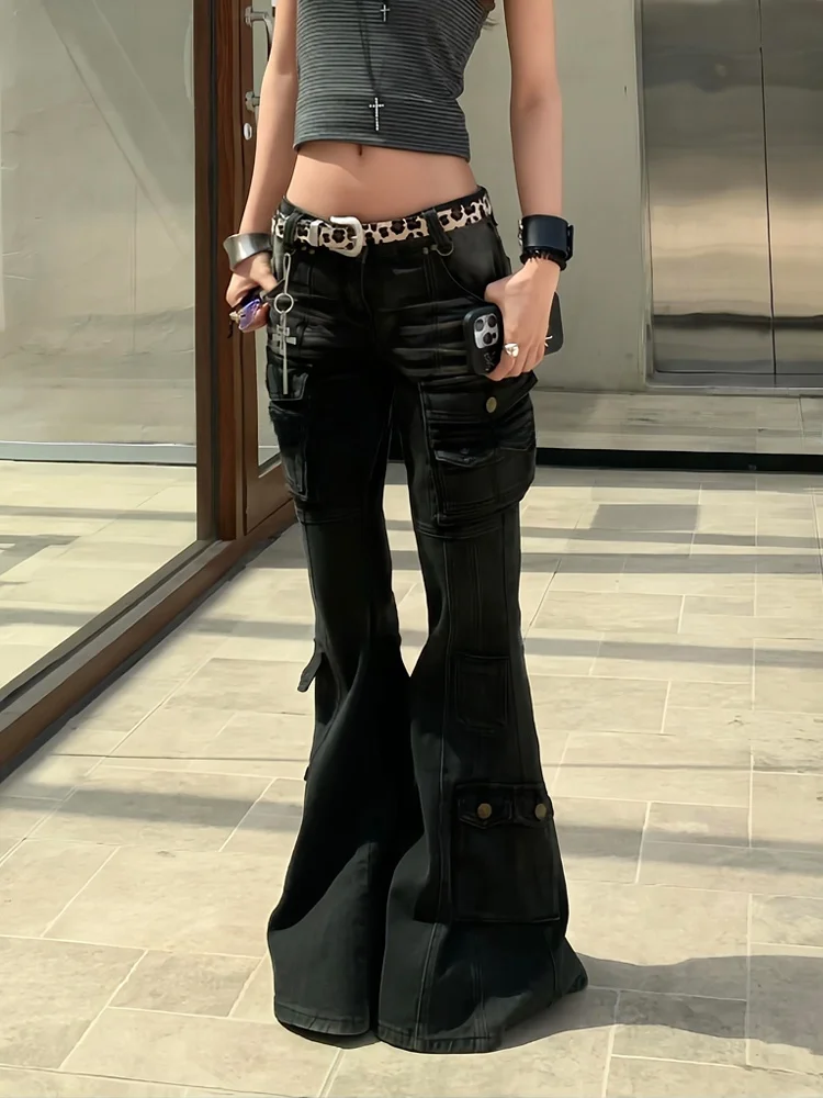 

Low Waist Wide Leg Retro American Sle Women's Denim Work Pants Multiple kets Y2K Millennium Sexy Dragging Jeans