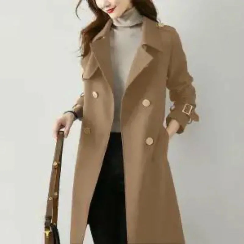 Lining Women's Trench Coat Mid-Length New Spring Autumn Suit Collar Women's Clothing Temperament All-Match Ladies Jacket 4XL