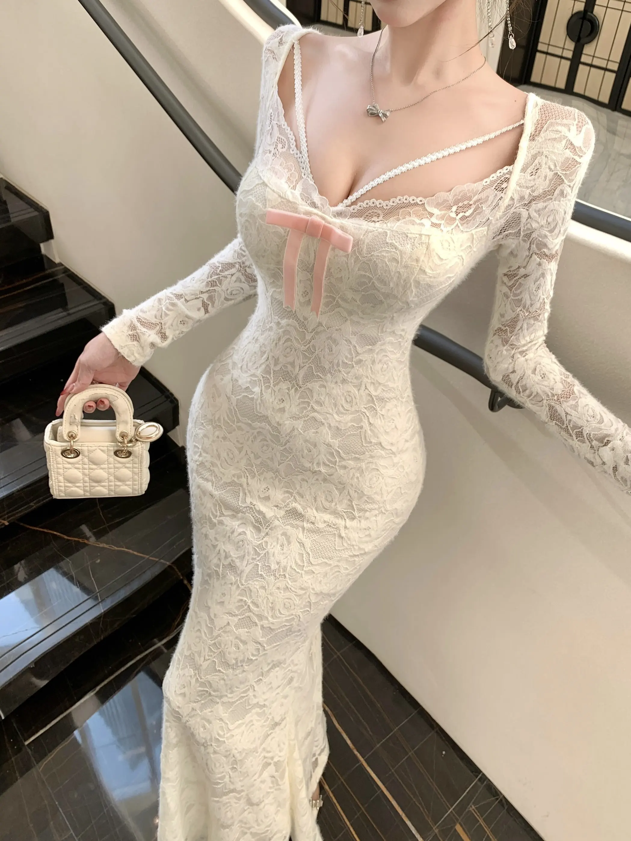 

Ele Lace Slim Fit V-Ne Dr Сексуальная длинная юбка с высокой талией, дышащая, приятная для кожи, весна-осень-зима Dr