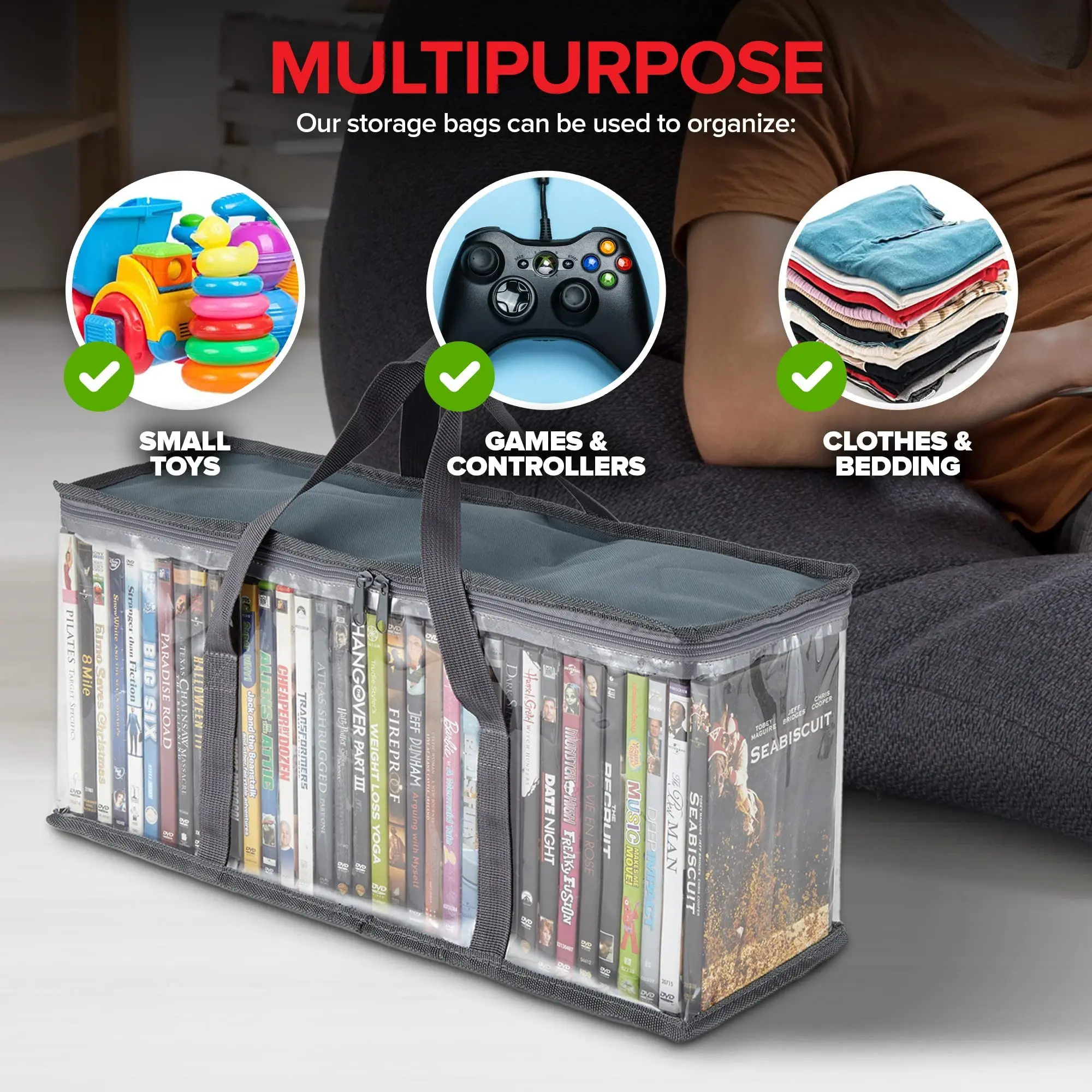 Media Organizer Bag for DVDs CDs Blu Ray Disc Movie Cases VHS Box Video Game Disks Clear Plastic Holders with Carrying Handles