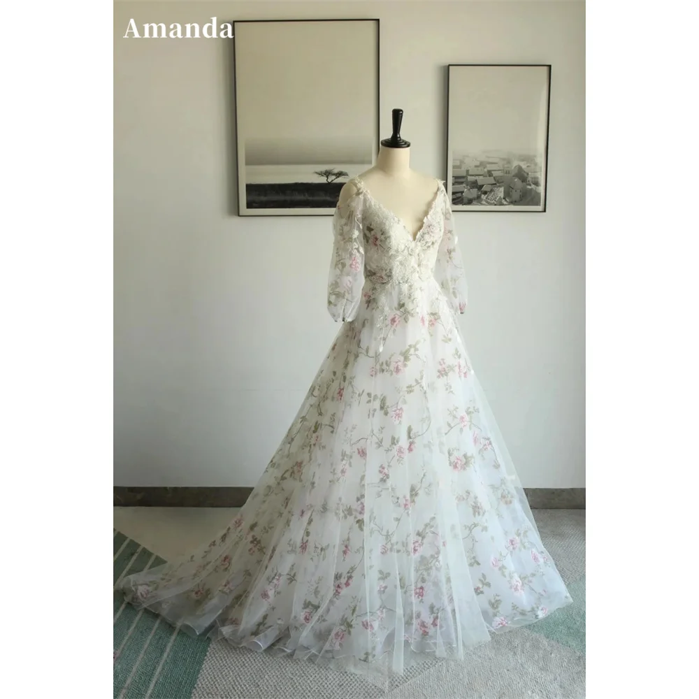 

Amanda Customized V-Neck A-Line Floral Print Prom Dresses Sheer Sleeves Elegant vestidos de noche Lace Embroidery Wedding Party
