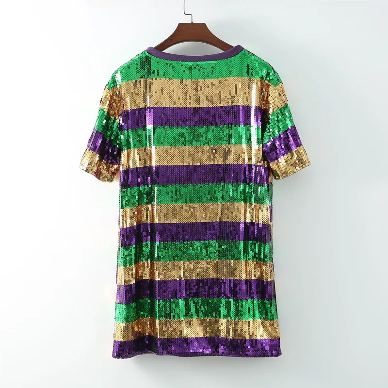 Runway Sequins Striped Patchwork Rainbow Streetwear Short Sleeve T-Shirt Summer Letter Hip Hop Loose Night Club Women's Wear