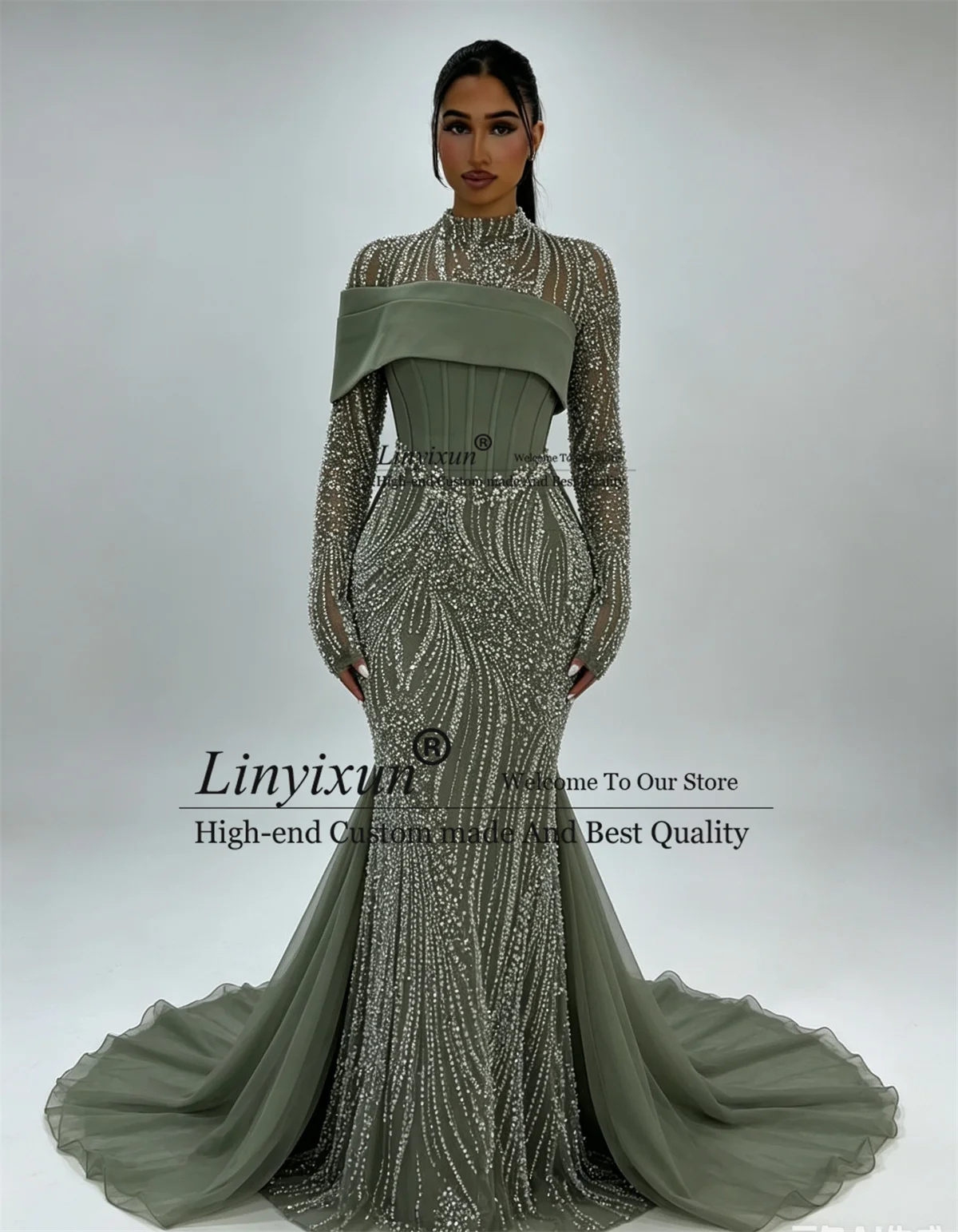 Luxuriöse Abendkleider mit Perlen und Diamanten, Hofschleppe, Ballkleid mit Verzierungen, Maßanfertigung, Arabisch, Dubai, Lange Ärmel فساتين سهرة
