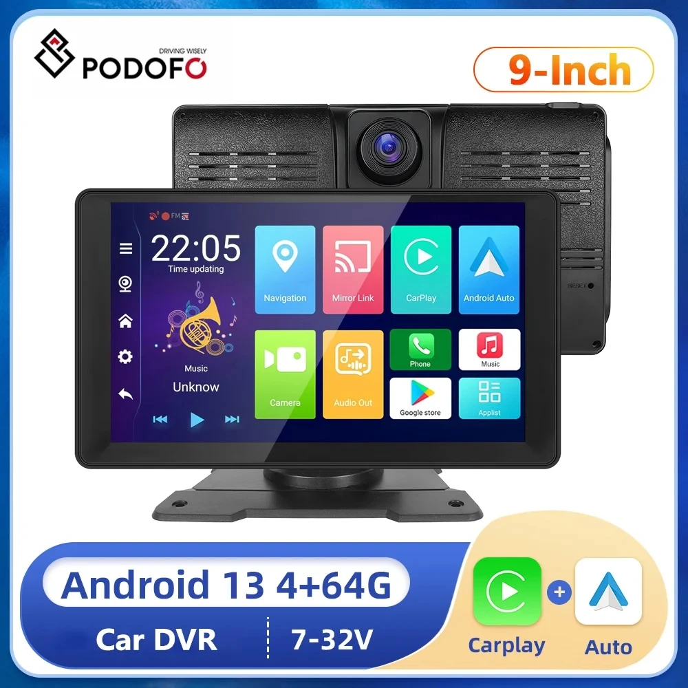 Podofo 9inch Car DVR Dash Cam Android 13 Monitor 4+64G Carplay Screen Android Auto Monitor Car DVR Dashboard Video Recorder