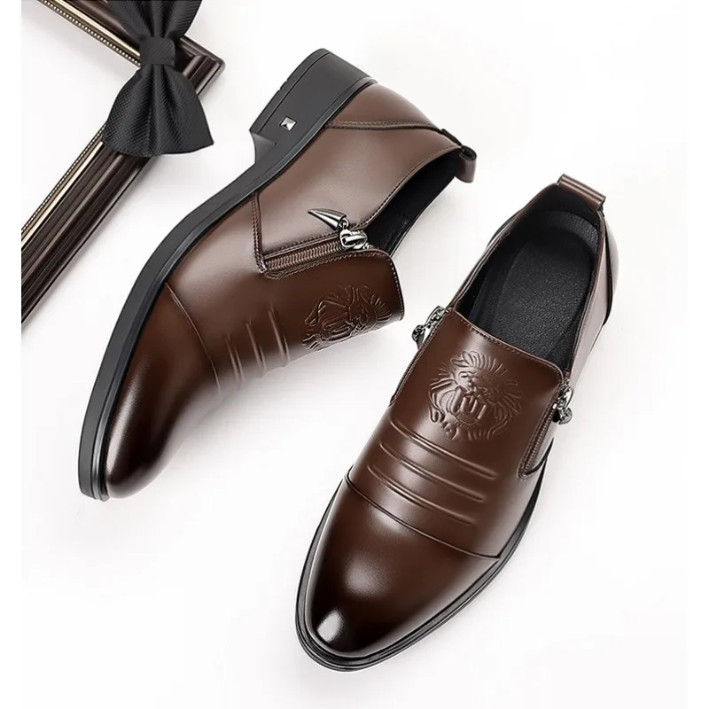 Spring Autumn Fashion Casual Men's Derby Shoes Solid Color New Designer Dress Shoe Male Round Head Zipper Leather Shoes Man image 2