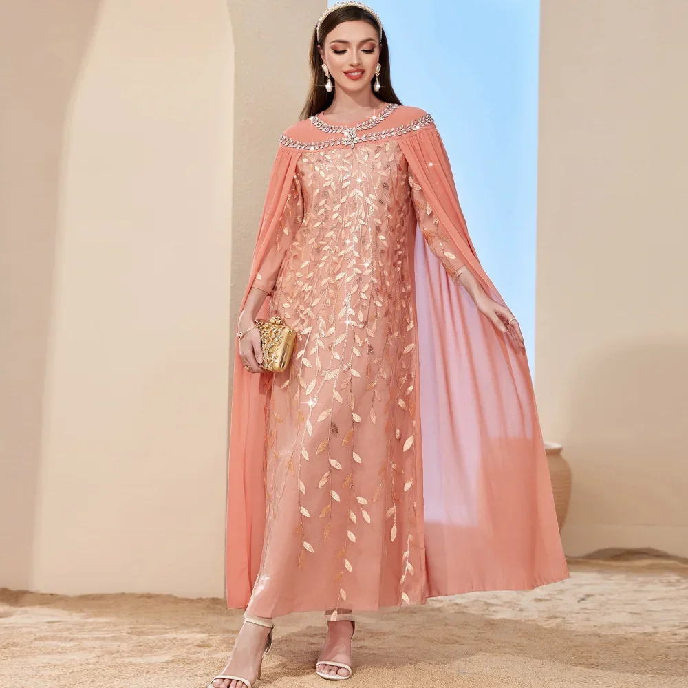 Eid Ramadan Abaya Embroidery Dress with Shawl in One Ladies Long Evening Dress Dubai Arabic Rhinestone Kaftan Islam Jalabiya