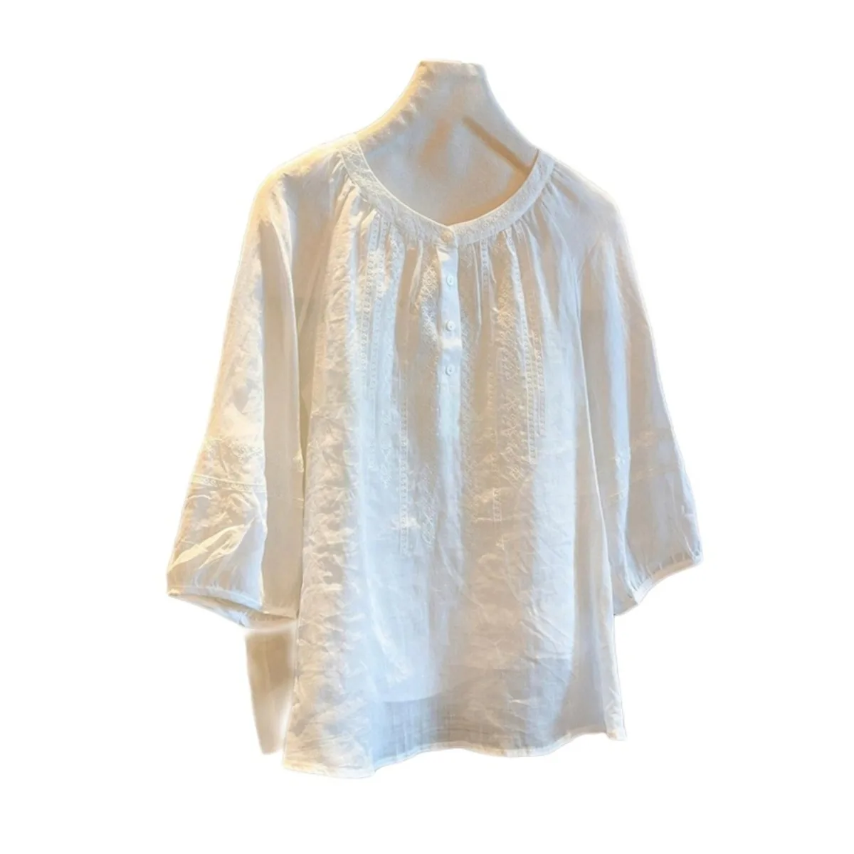 

Новый китайский Sle Loose Cotton Linen irt Women Summer Retro Art круглый Ne ort Sve Top Ele Mung Bean Een Color